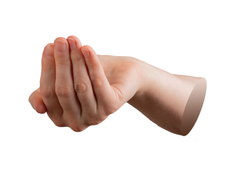 Hand holding cupped pose, female front view, finger gently bent, curved shape collecting handful,