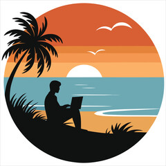 Silhouette of a person working on a laptop at a beach sunset/A stylized silhouette of a person sitting on a beach, working on a laptop computer.