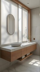 A minimalist bathroom featuring a floating vanity with a vessel sink and an oval shaped mirror