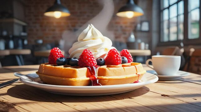 Belgian Li&egrave;ge waffles, crispy caramelized sugar on the outside with soft, fluffy interior, served with whipped cream and fresh fruit, cozy caf&eacute; ambiance
