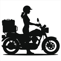 Woman on a motorcycle with luggage, silhouette design./A bold silhouette of a woman riding a motorcycle with luggage on the back.