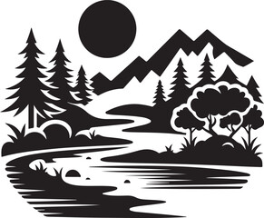 mountain landscape with trees and lake silhouette 