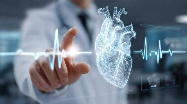 Futuristic scene of doctor in lab coat interacting with transparent digital interface, glowing heart icon and animated pulse line floating in front, clean high-tech medical environment