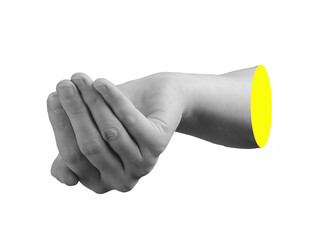 Hand holding gentle cupped shape, bent finger curled palm front view, subtle communication gesture,