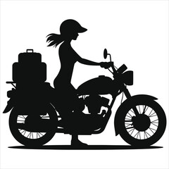 Silhouette of a Woman Riding a Motorcycle with Luggage/A stylish silhouette of a woman riding a motorcycle, with luggage on the back.