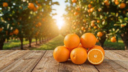 Fresh Orange Citrus Fruits Rustic Wooden Table Orchard Background Golden Sunlight