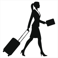 Businesswoman traveling with luggage, silhouette./A professional woman in silhouette, wearing a business suit, is walking and pushing a suitcase.