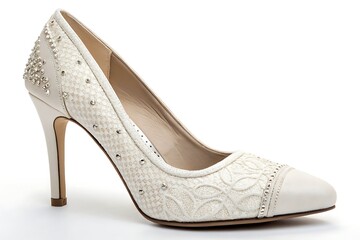 Obraz premium Elegant ivory high heel shoes with delicate lace and rhinestone details