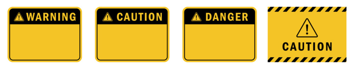Caution signs hazard stripes and triangle warning icon on white background. Ideal for marking risky zones, attention areas, and safety barriers in industries.