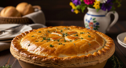 Golden-brown pie crust, detailed texture, thyme garnish, showcasing a savory baked good, representing home-cooked meals and comforting food