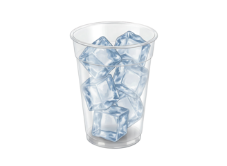 Clear plastic cup filled with ice cubes isolated on transparent background