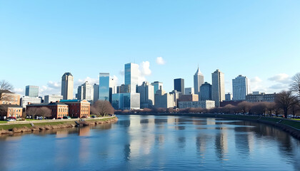 Naklejka premium Cityscape Reflecting in River with Skyscrapers and Blue Sky