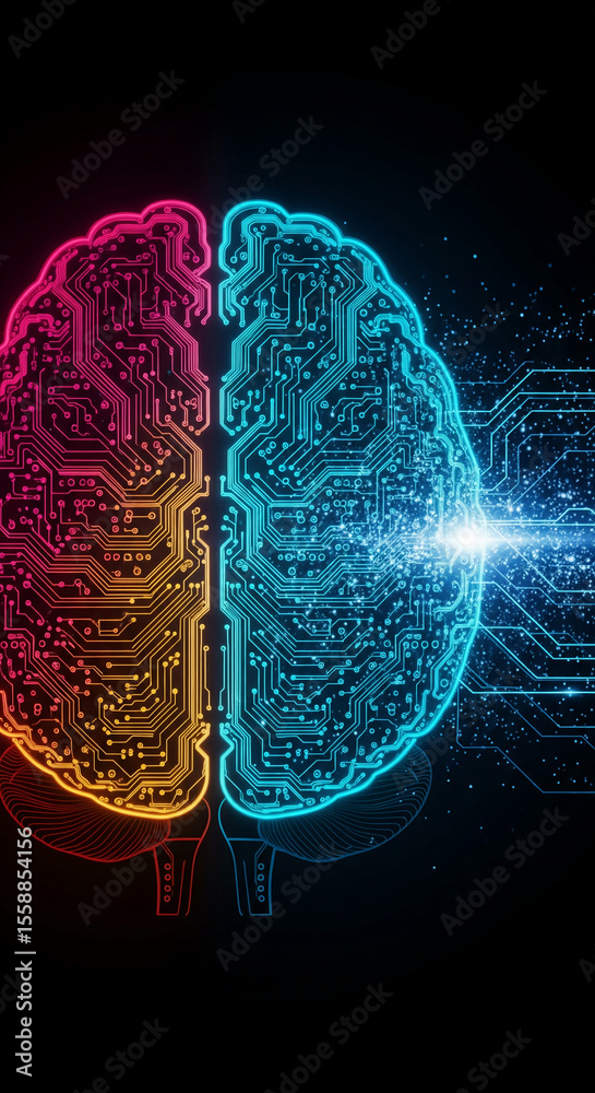Poster neon brain halves, circuit board design, represent intelligence, technology, and neural networks, sh