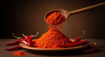 Red chili powder pours from wooden spoon onto plate with dried red chilies, creating a vibrant scene of spice and flavor, showcasing culinary ingredients
