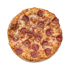 Isolated shot of a freshly baked pepperoni pizza. Top view of a full pizza. Ready for a delicious meal or quick snack on a pure transparent background.