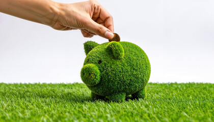 Putting money into a green piggy bank on grass