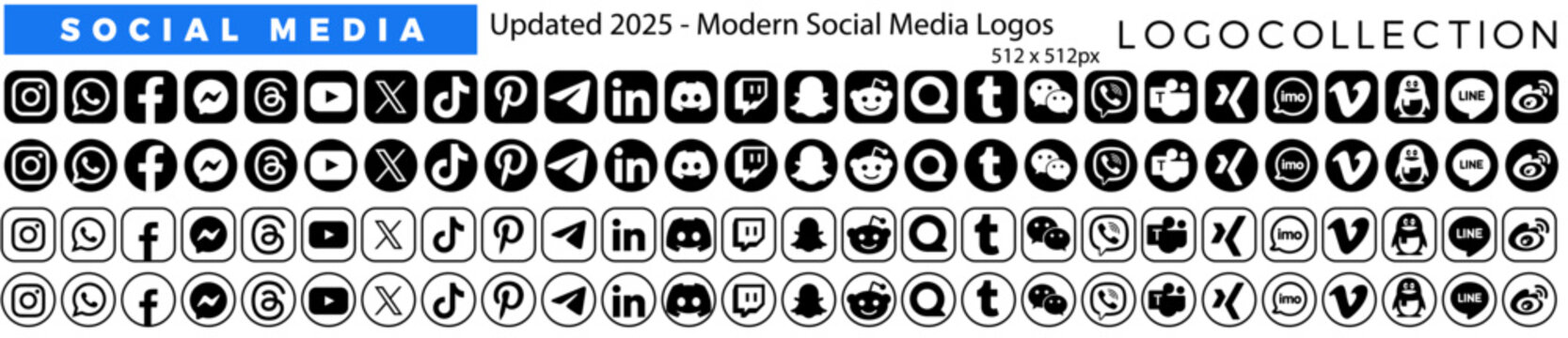 Modern Social Media Logos 2025. Updated. Flat and Outline Icons Set. 512x512 Vector Collection