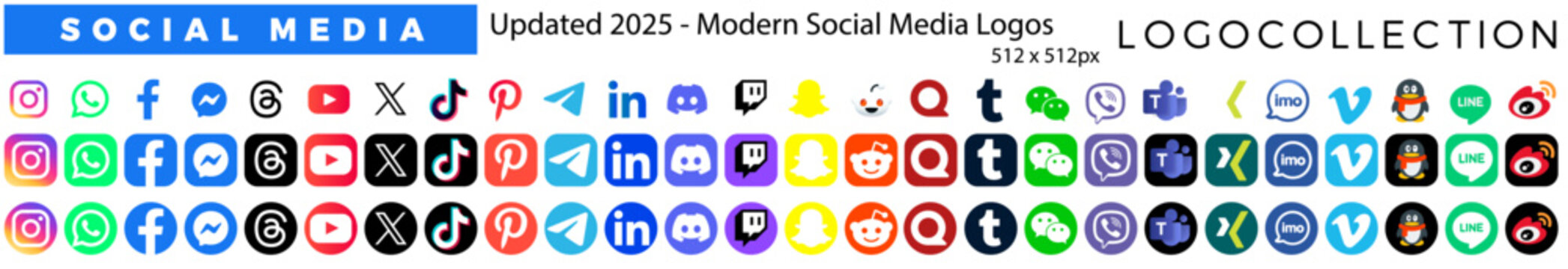 Modern Social Media Logos 2025. Updated. Flat Icons Set. 512x512 Vector Collection