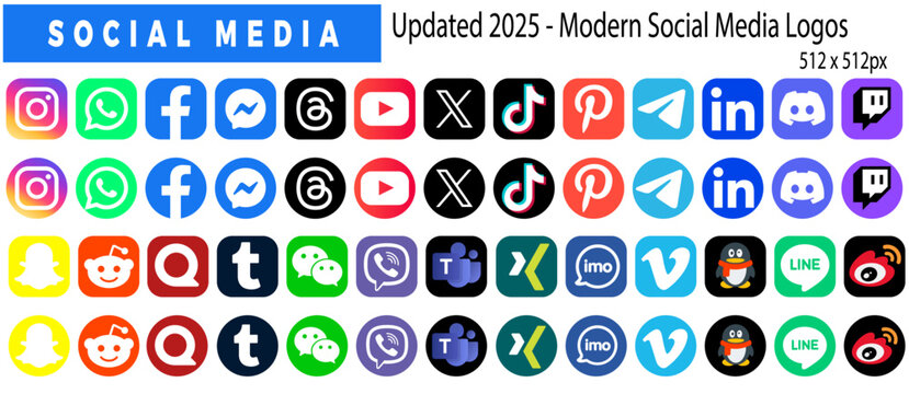 Modern Social Media Logos 2025. Updated Colored, Flat and Outline Icons Set. 512x512 Vector Collection