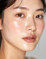 Obraz premium 日本人, 超リアル, 美しい, 若い女性, 顔, クローズアップ, 欠点のない肌, 輝く肌質, ナチュラルメイク, 柔らかなライティング, 美容CM風, シネマティック, カメラ目線, 高解像度,Japanese, ultra-realistic, beautiful, young woman, face, close-up, flawless skin, glowing complexion