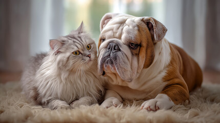 Cat and dog nestled together on plush rug in warm, inviting environment. Soft colors create serene atmosphere, ideal for promoting pet care and companionship themes