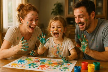 Cheerful family showing painted hands and laughing while sitting at wooden table and having fun during creative painting activity at home
