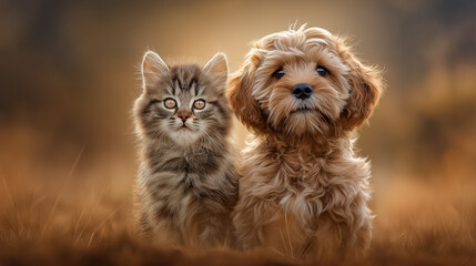 Cat and dog sit side by side, both looking at camera with friendly expressions. Warm, soft background creates inviting atmosphere for pet care