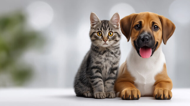 Kitten and puppy looking at camera while sitting side by side. Warm, inviting tones create friendly atmosphere. Concept of veterinary clinic, pet care, animal services
