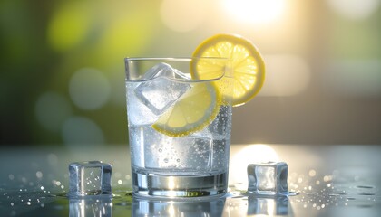 Healthy Refreshing Sparkling Lemon Water with Ice Cubes