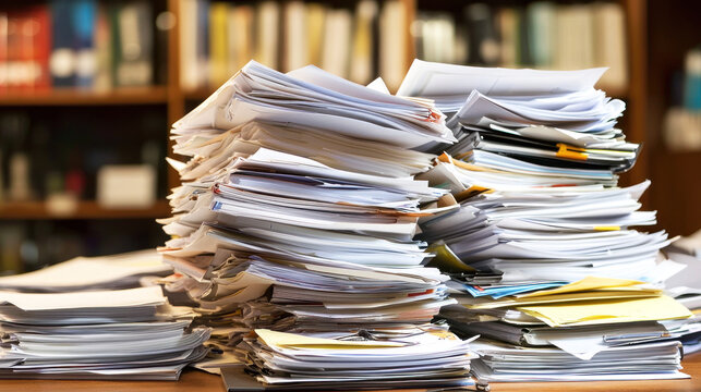 A cluttered desk with a large stack of papers and documents.