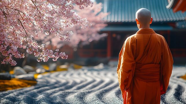 A Zen monk strolling through a serene Japanese garden amidst blooming cherry blossoms