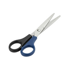 A single pair of pristine office scissors with sharp polished stainless steel blades and ergonomic black and dark blue plastic handles, isolated on a pure seamless brilliant white background with