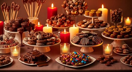 A lavish display of various chocolate desserts with lit candles creating a warm ambiance.