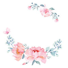 Rose wreath painted in watercolor.Elegant floral collection with flower arrangements of roses, hand drawn watercolor.Design for invitation, wedding or greeting cards.