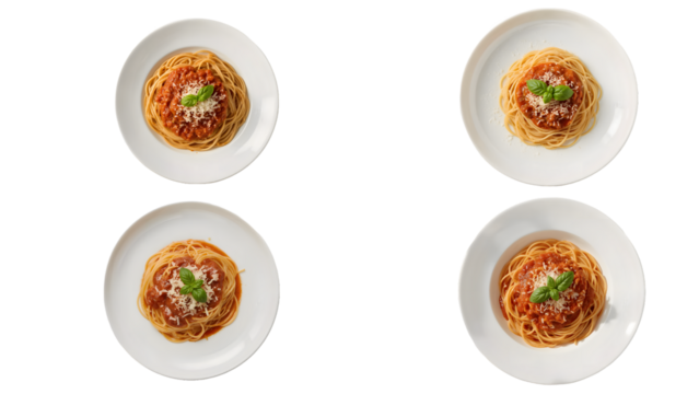 Four plates of spaghetti bolognese with fresh basil and grated parmesan cheese