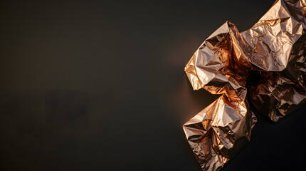 Crumpled metallic copper foil on dark background with elegant lighting and space for text