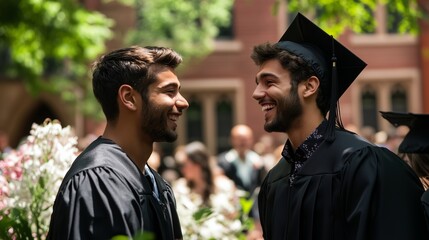 Fototapeta premium Graduates celebrating their achievement outdoors in a traditional ceremony surrounded by greenery and fellow students