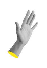 Hand with palm open and fingers spread in greeting gesture. Raised arm showing welcoming sign from
