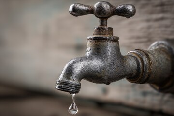 Bathroom Faucet Leaky. Old White Faucet with Droplet and Wet Plumbing