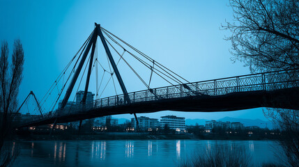Suspension bridge in twilight, reflections on water, long exposure. Urban serenity meets timeless structure.