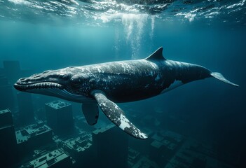 Fototapeta premium Spectacular Whale Over Cityscape A Majestic Encounter with Nature and Urban Life