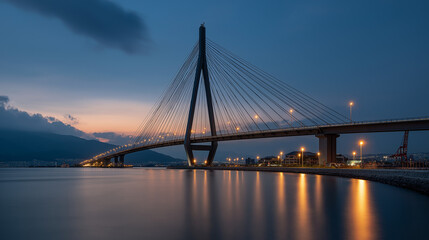 Suspension bridge in twilight, reflections on water, long exposure. Urban serenity meets timeless structure.