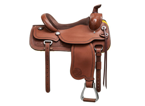 Western style leather horse saddle with stirrups isolated on transparent background