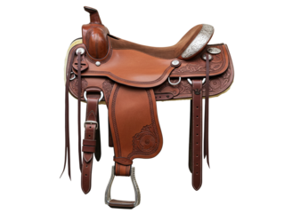 Western style leather horse saddle with stirrups isolated on transparent background
