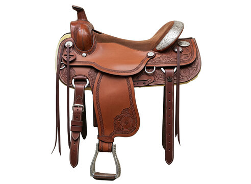 Western style leather horse saddle with stirrups isolated on transparent background