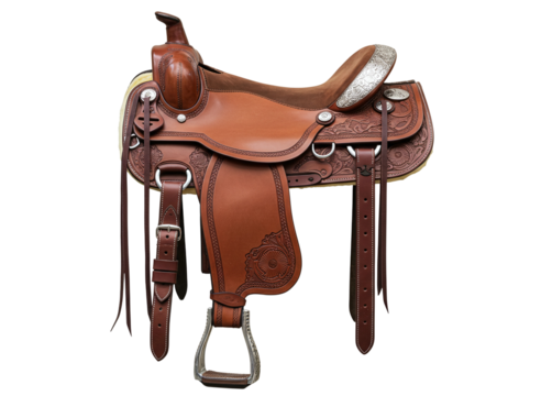Western style leather horse saddle with stirrups isolated on transparent background - Powered by Adobe