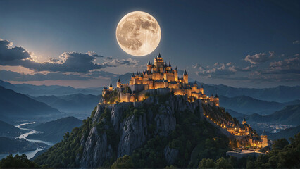 Majestic Illuminated Castle on Mountain Peak Under Full Moon