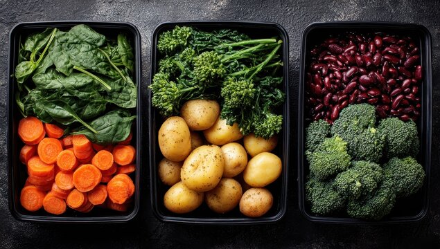 Three rectangular containers hold assorted fresh vegetables spinach, carrots, broccoli, potatoes, and kidney beans.  Dark background