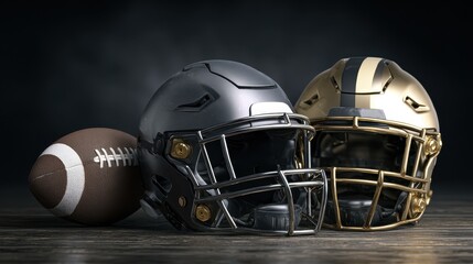 Fototapeta premium Black And Gold Football. American Football Helmets and Trophy Ball on Dark Background