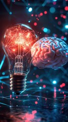 Illuminating Ideas: A captivating composite image of a radiant lightbulb and a human brain, set against a futuristic backdrop, representing the core essence of innovation and ingenuity.